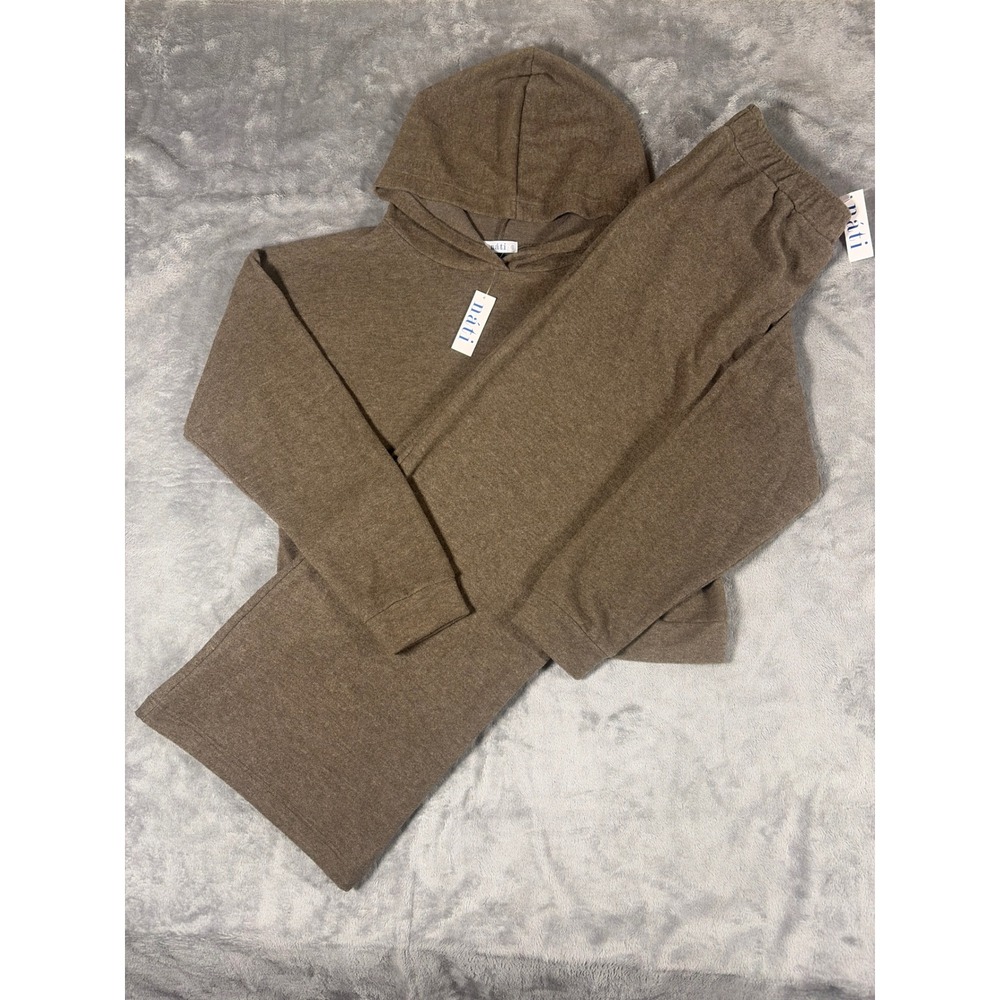 Nati Women Cozy Loungewear Set Olive Green Hoodie Wide Leg Pants Small NWT